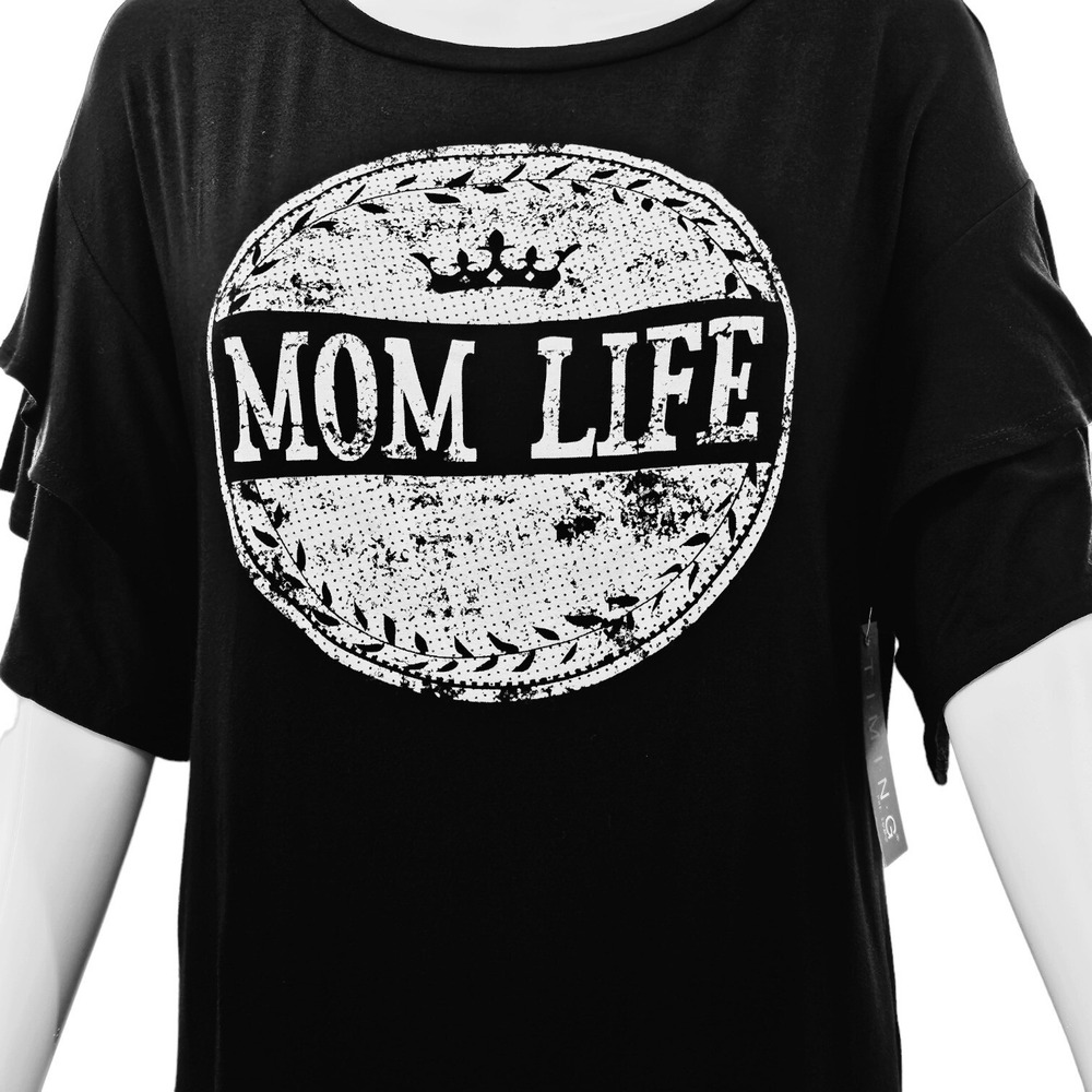 Women Mom Life Graphic Tee Mother Ruffles Short Sleeve Top Black Medium Stylish - Picture 2 of 10